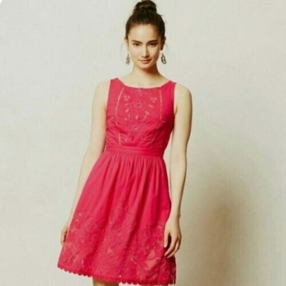 Anthro Moulinette Soeurs‎ Rhododendron Pink Eyelet Dress Sz 4